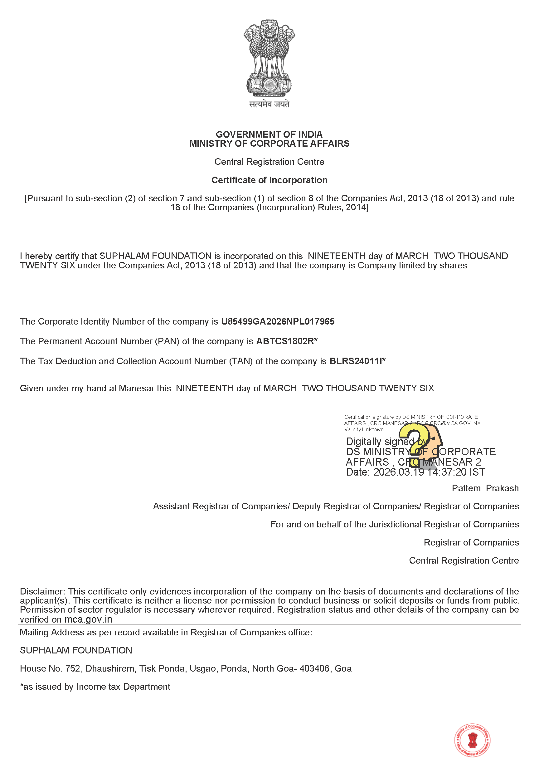 Certificate of Incorporation